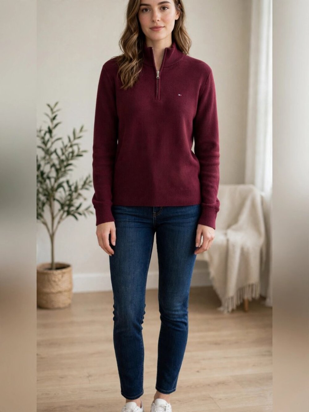 Tommy Hilfiger Size L Men's Maroon Zip-Up Sweater
